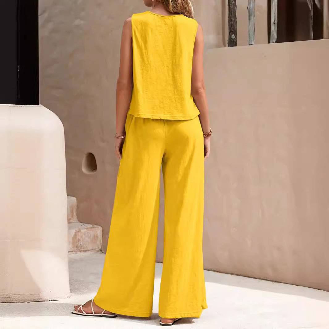 2025 summer new two-piece set women's trend versatile loose pullover round neck casual cotton set women