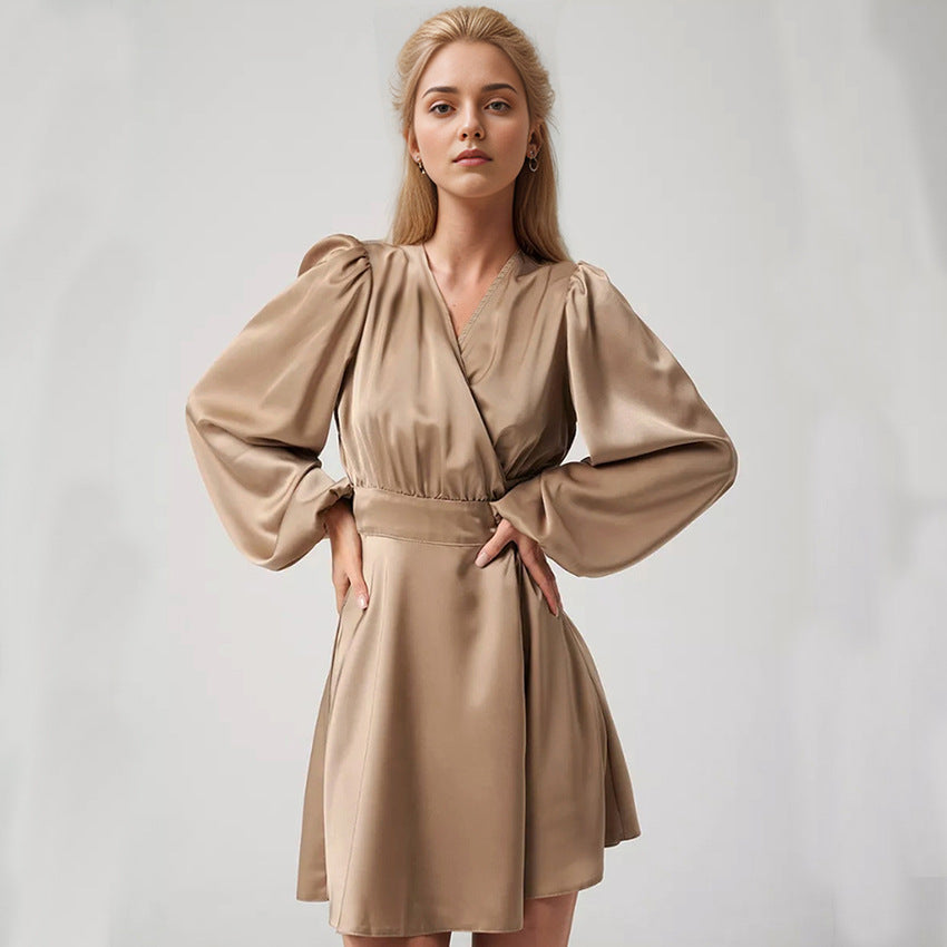 2025 Spring satin V-neck lantern sleeve high waist lace-up dress popularwildberries hot sale new short skirt women