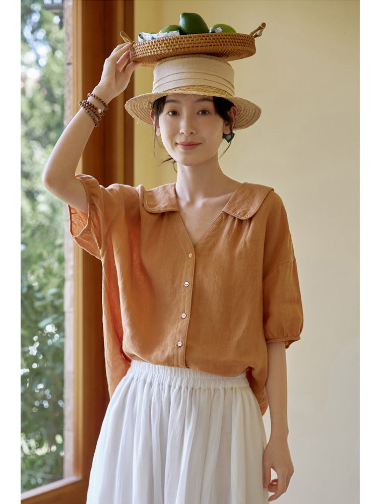 2025 Hand embroidered doll collar linen shirt top blouse popular summer 221235