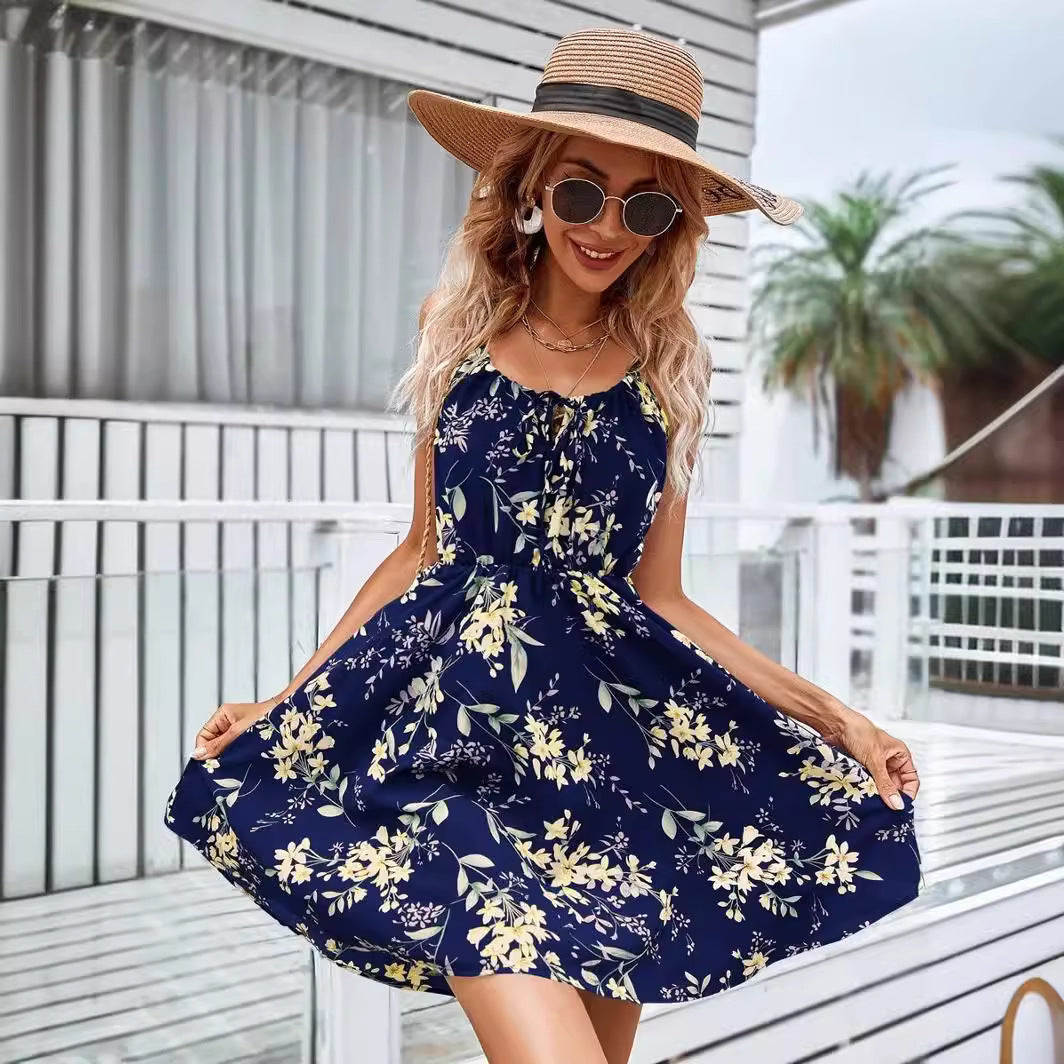 2025 Popular, , summer new elegant sleeveless dress pullover printing elastic waist suspender short skirt women