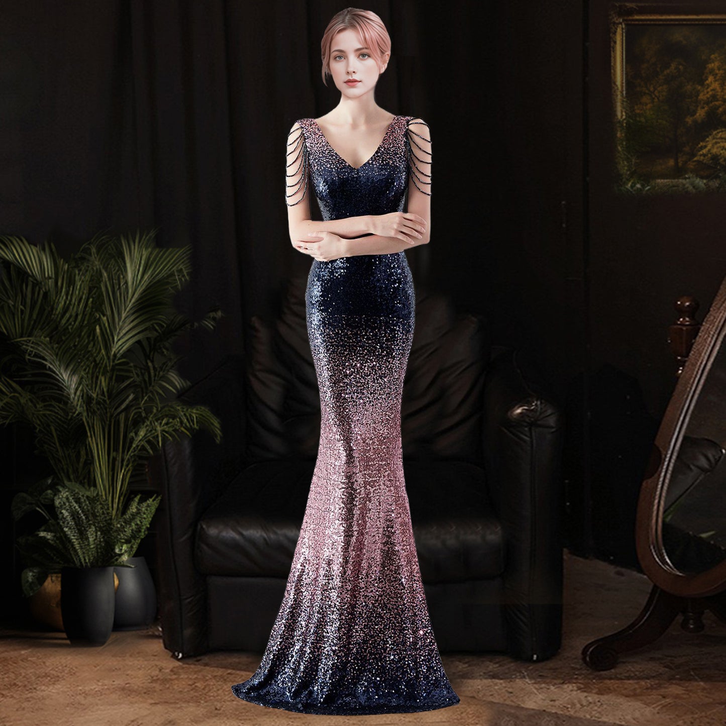 2025 Evening dress women's light luxury dinner dress temperament celebrity banquet high-end sequins fishtail long dress