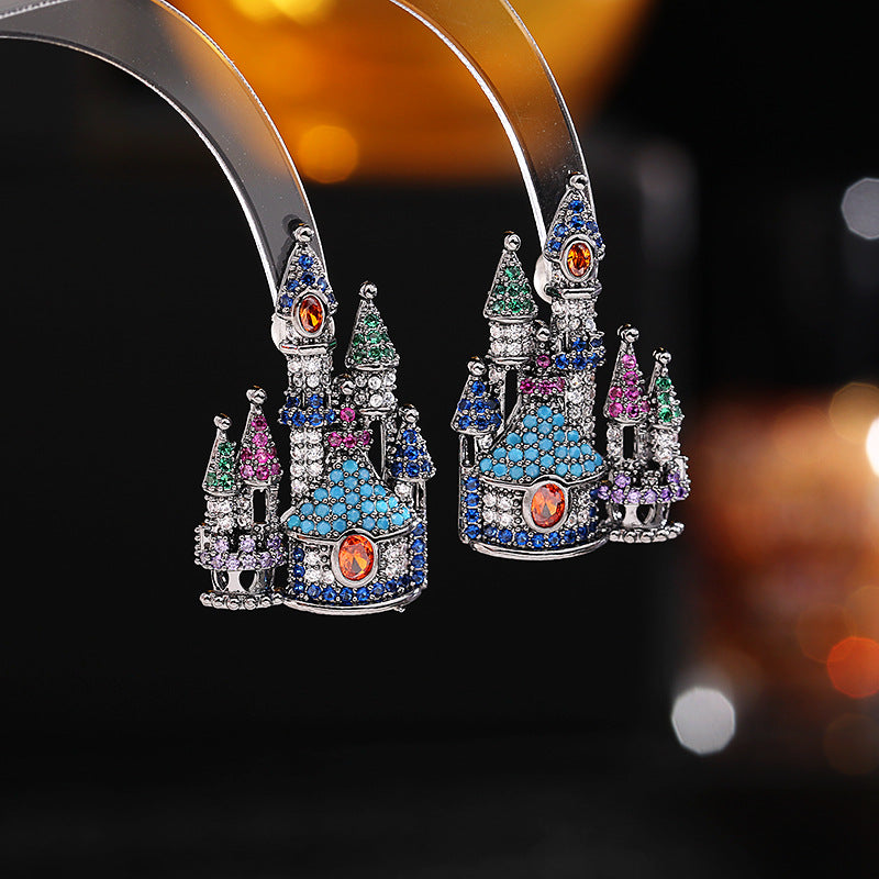 2025 Personalized creative designer earrings wholesale s925 silver needle earrings colored super flash zircon inlaid castle stud earrings