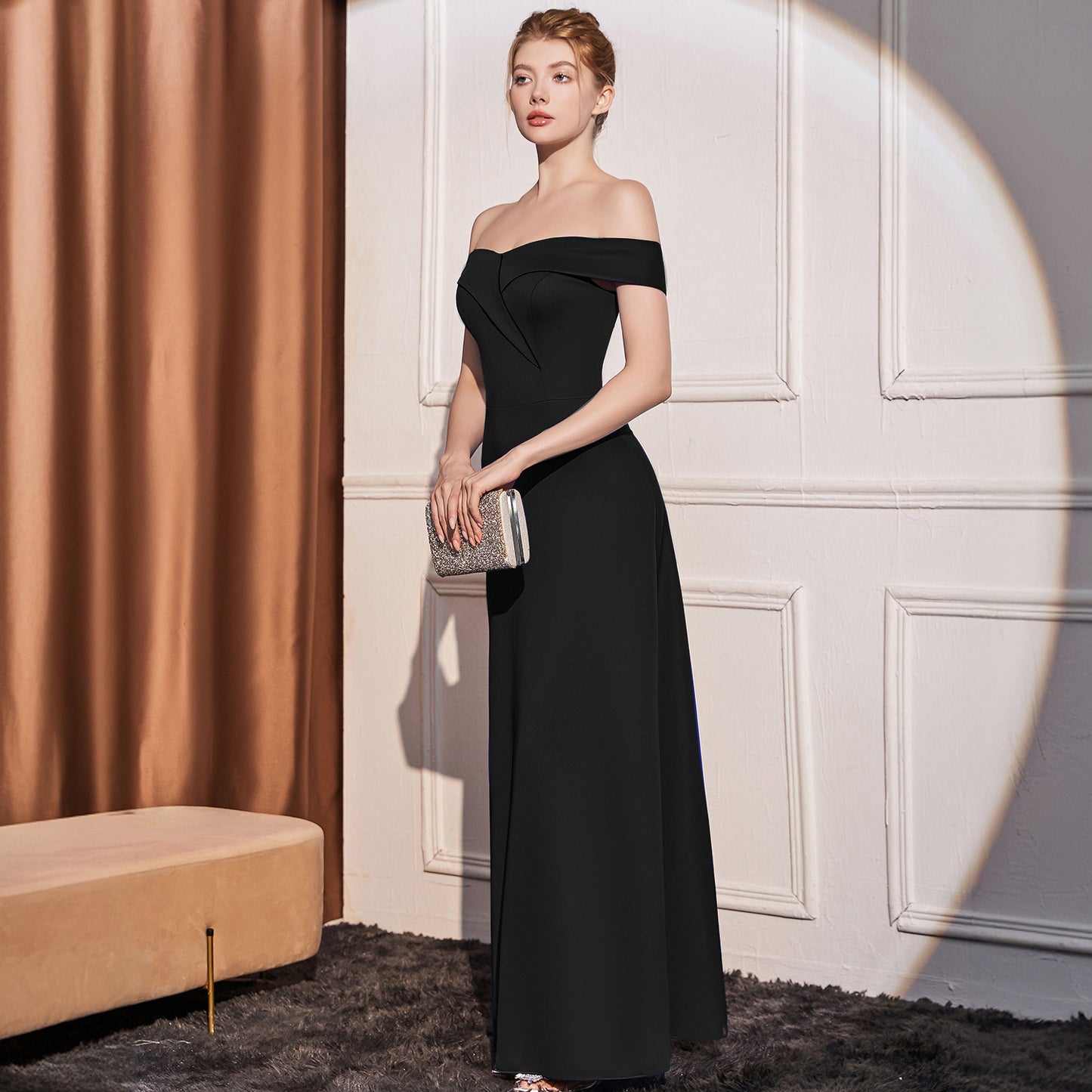 2025 Evening dress dress women's high-end temperament simple high-end sense celebrity banquet one-word shoulder thin pendant long dress