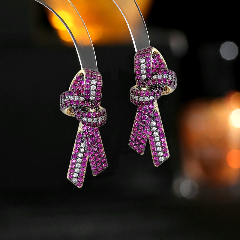 2025 s925 silver needle fashion commuter earrings wholesale high-grade earrings zircon inlaid three-dimensional ribbon bow earrings