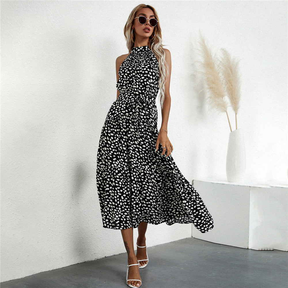 jinran 2024 fall fashion trends Spring and Summer New EBay Polka Dot Rayon Printed Halter Strap Waist-Tight Dress
