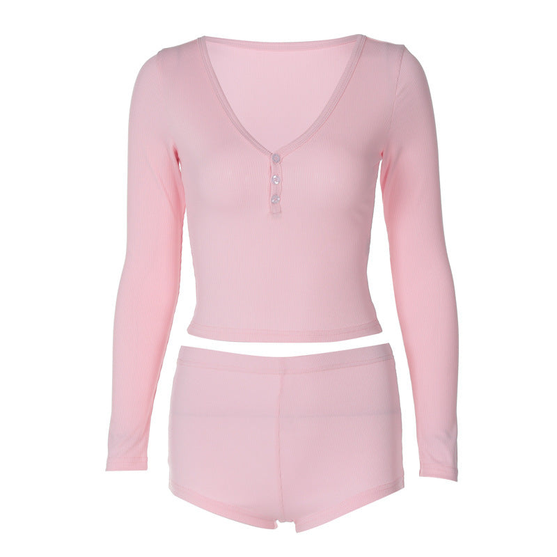 jinran comfy school outfits 2024 Style Women's Sexy Low-Cut V-neck Tight Long-Sleeved Top Sports Style Shorts Two-Piece Suit