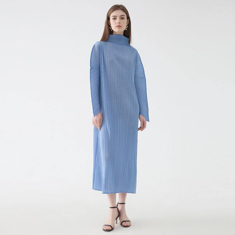 2025 spring temperament turtleneck folding sleeves solid color dress women's medium and long simple loose pleated A-shaped skirt
