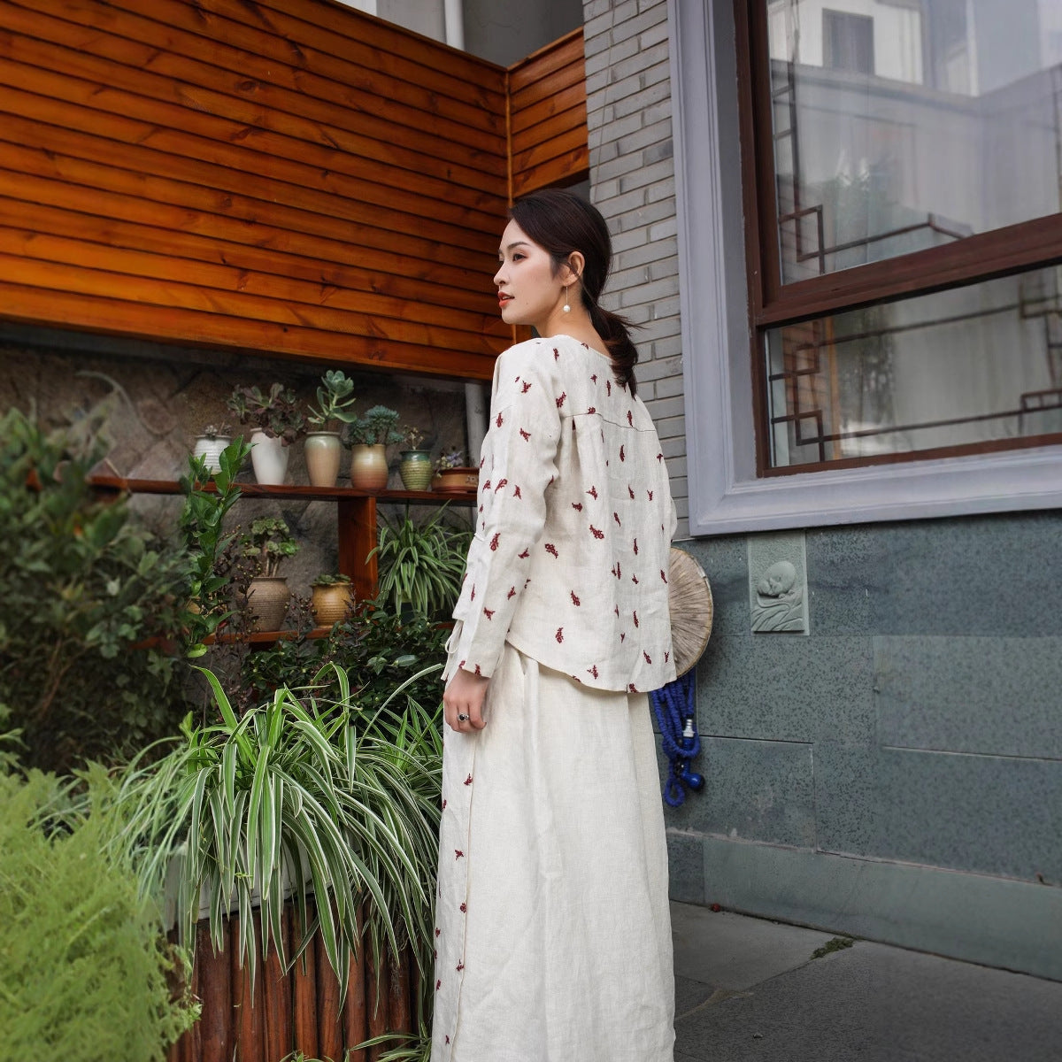 2025 Early autumn rain dew hemp front embroidery with broken pleats elastic waist strap skirt 91016C large skirt elegant