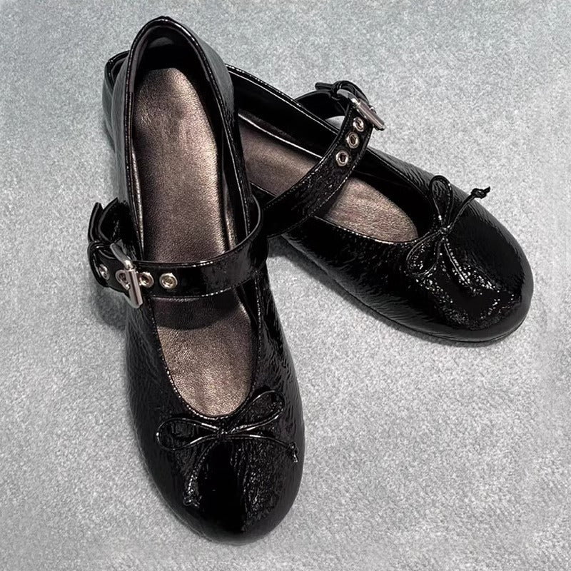 2025 Sheepskin version~ miu new bow ballet flats leather word belt Mary Jane single shoes women's shoes