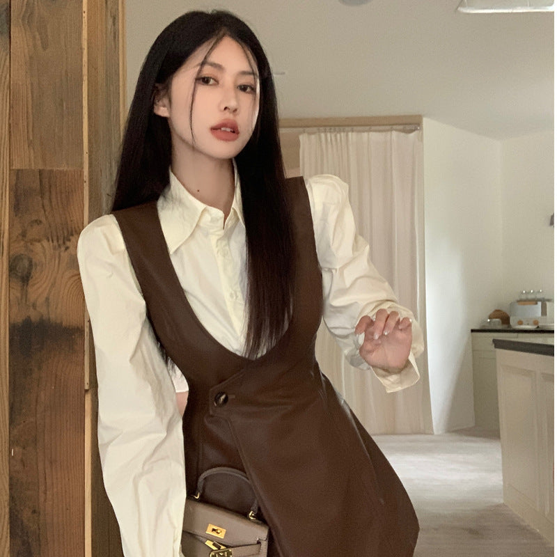 jinran 2024 fall fashion trends French Retro British Style Two-Piece Set Autumn New Fashion All-Match Shirt Top Vest Skirt Dress
