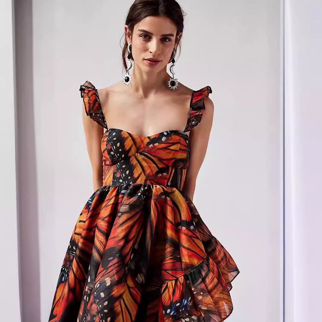 jinran pretty halloween costumes 2024 Summer Hot Sale Sling Midi Dress Digital Butterfly Print Fashion Style Large Swing Skirt Dress