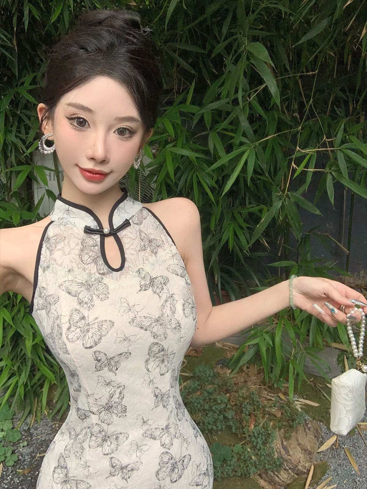 2025 Embroidery warp ink butterfly printing cheongsam dress women's spring and summer new slim retro dress
