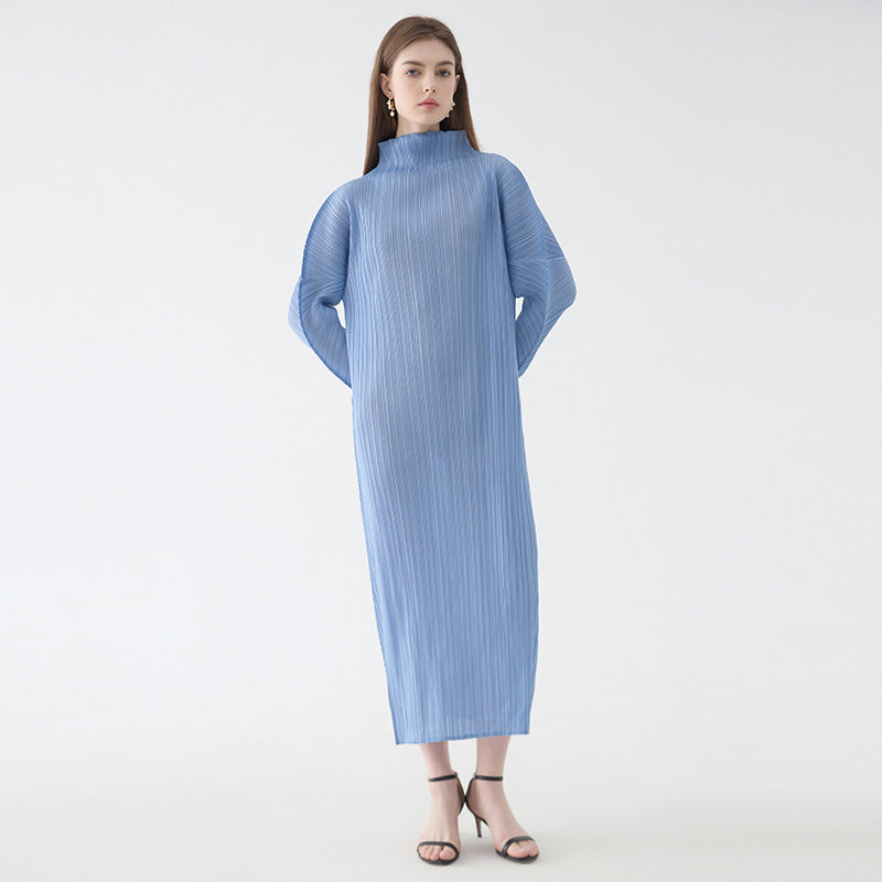 2025 spring temperament turtleneck folding sleeves solid color dress women's medium and long simple loose pleated A-shaped skirt
