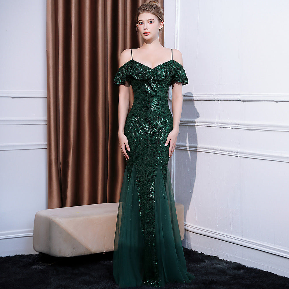 2025 Evening dress dress women's light luxury high-end temperament simple banquet socialite sexy backless suspender long fishtail dress