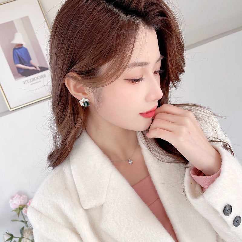 2025 Light luxury high-end earrings women's s925 silver needle temperament elegant fashion micro-inlaid zircon niche leaf square stud earrings