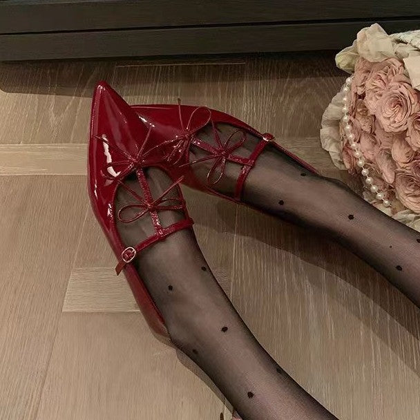2025 Cowhide version~ Su Yinyin has the same niche pointed T-shaped double bow retro single shoes women's Mary Jane shoes