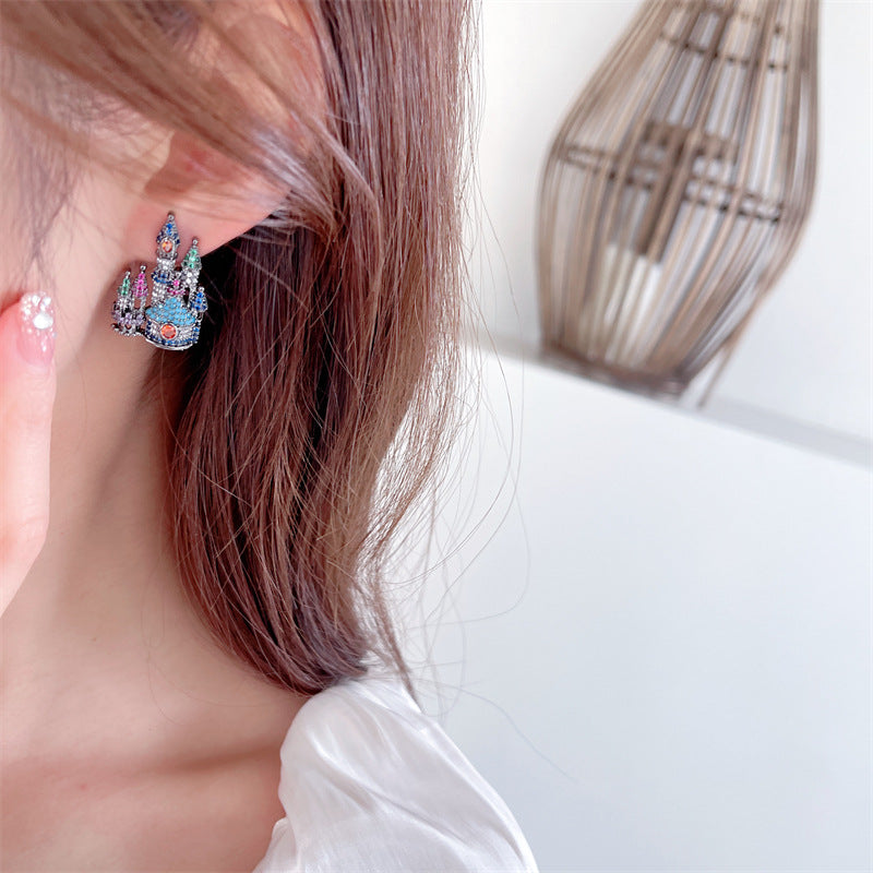 2025 Personalized creative designer earrings wholesale s925 silver needle earrings colored super flash zircon inlaid castle stud earrings