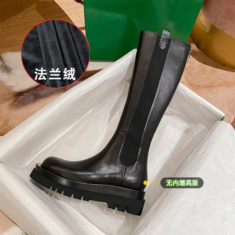 2025 Cowhide version~ New inner height-increasing chimney knight boots women's warm and velvet elastic thick-soled knee-length boots