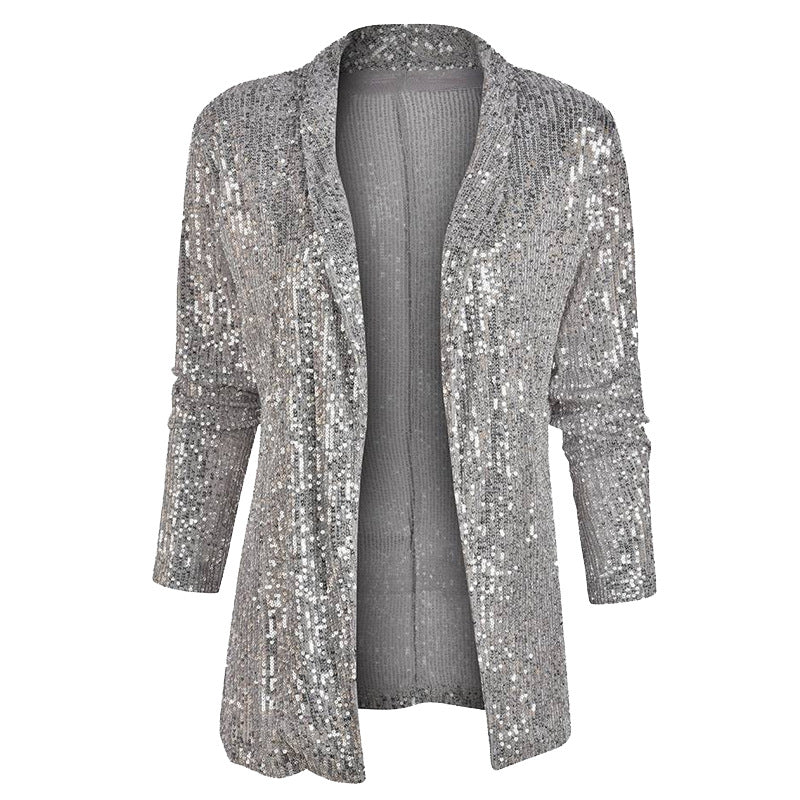 2025 spring New new 2025 sequined long-sleeved temperament medium and long small suit lapel coat