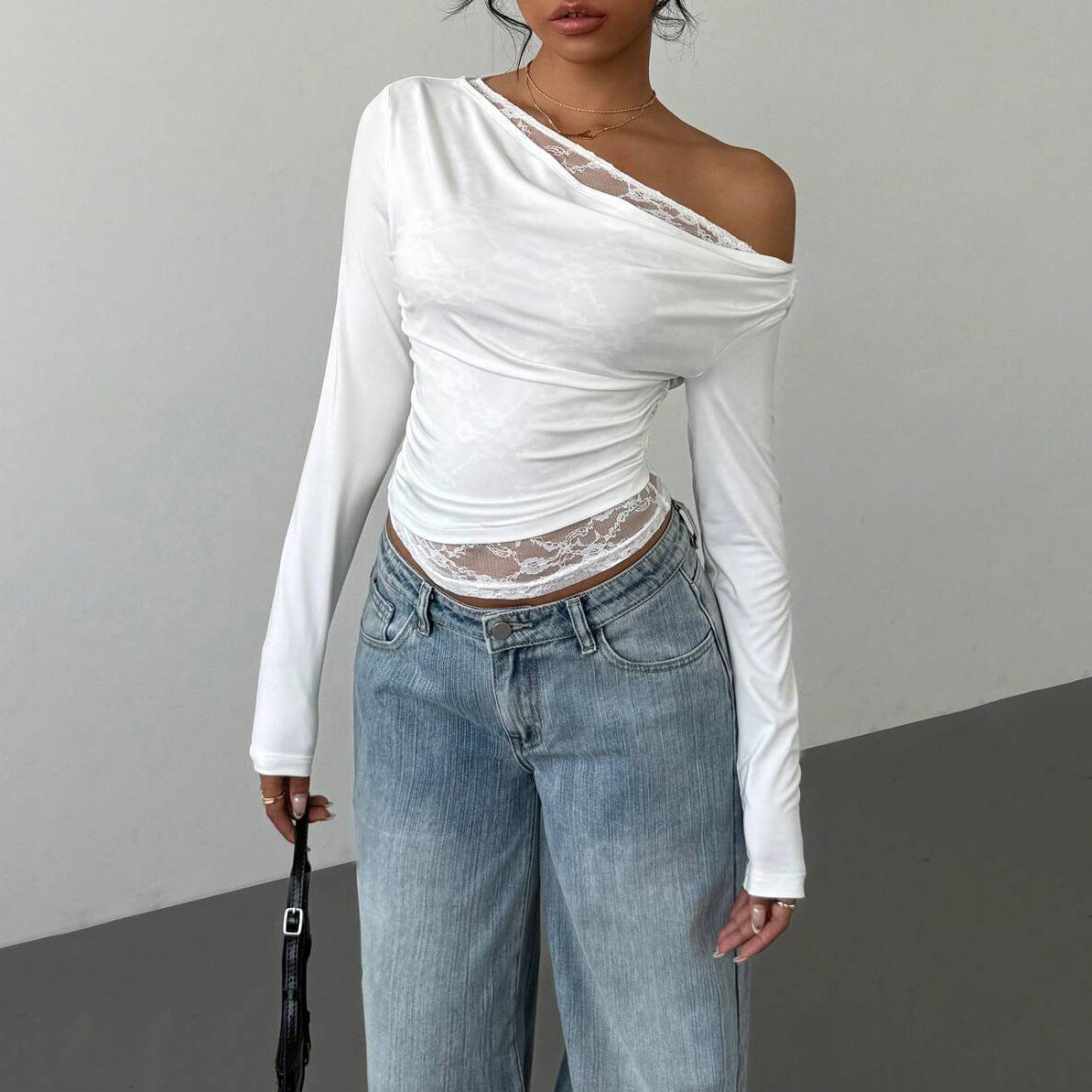 2025 Trendy brand New fashion slanted shoulder lace splicing fake two-piece knitted sweater for women new waist knitted top for women