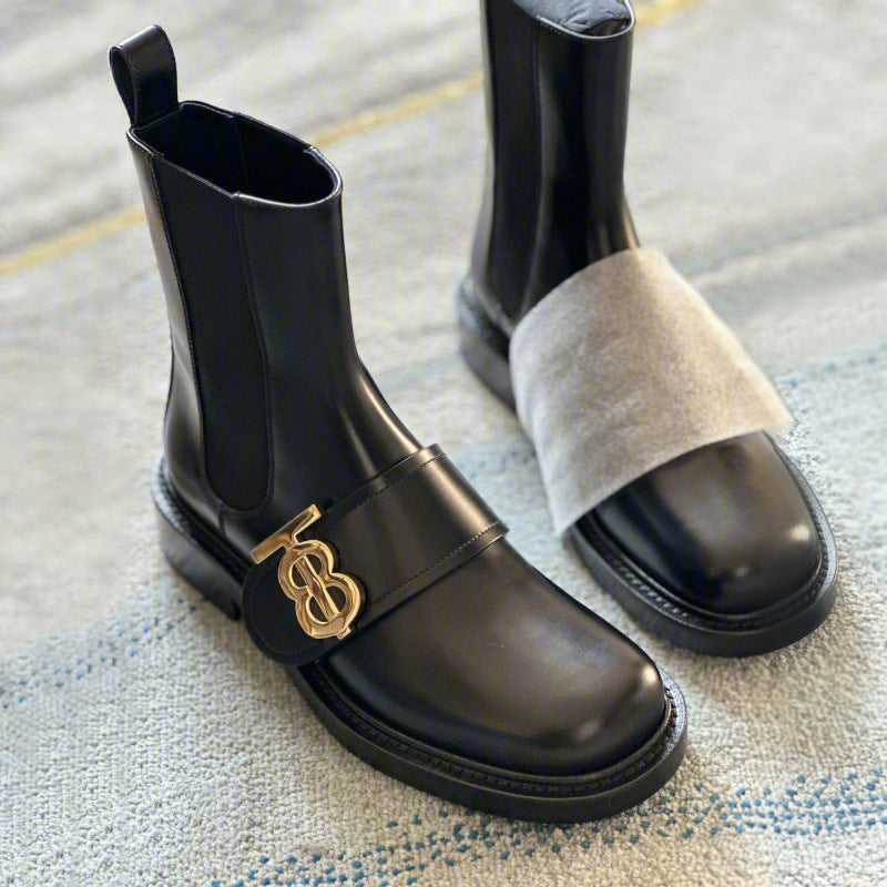 2025 Cowhide version~ New British style letter metal buckle round head cigarette boots Chelsea boots women's platform women's boots