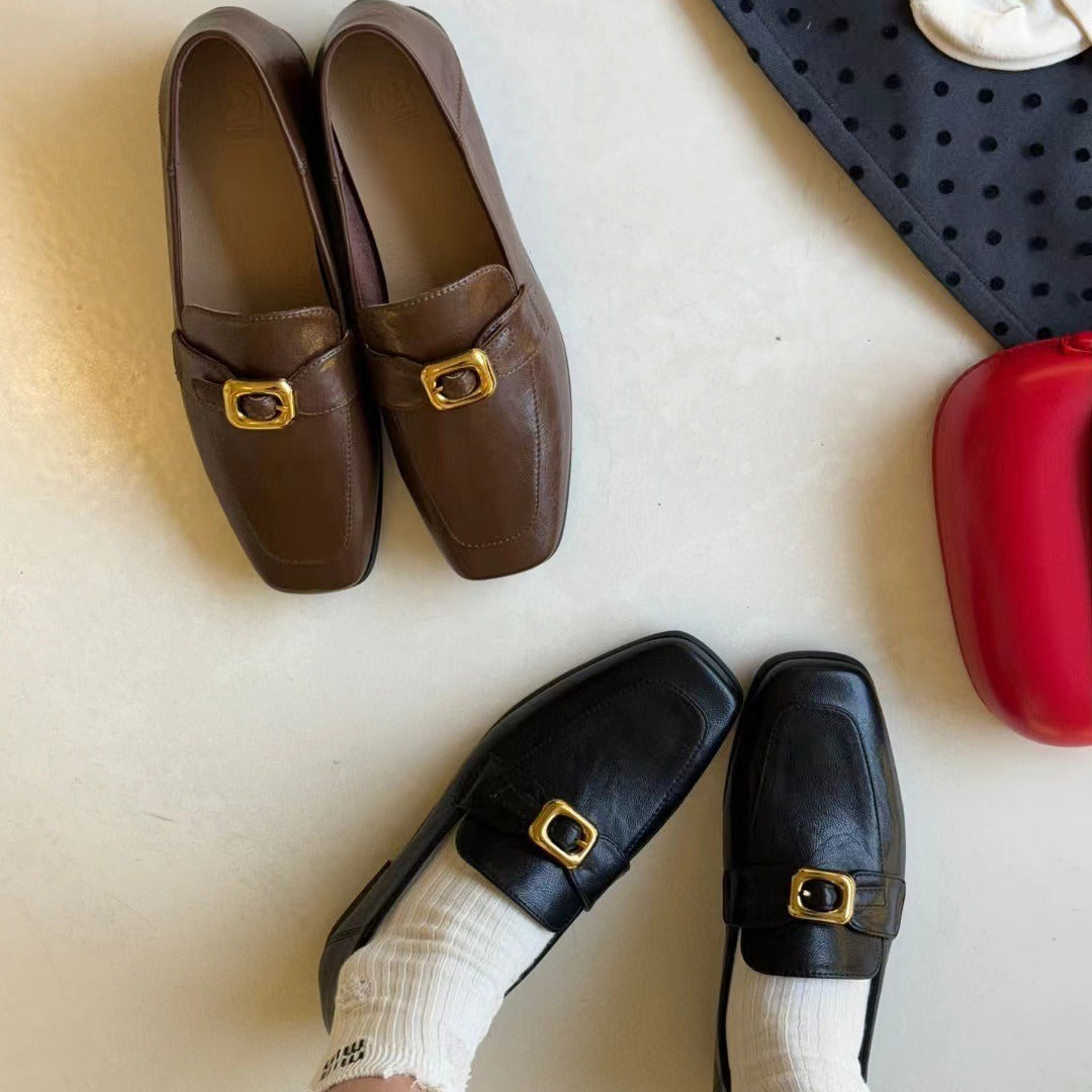 2025 Cowhide version~ Grape mother, the same British style can be stepped on with a gold buckle and a foot pedal, versatile loafers, women's small leather shoes