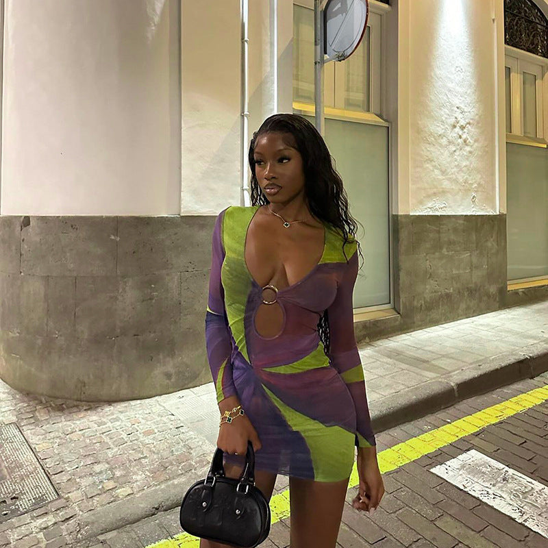 jinran birthday outfit Autumn New Style Hip Skirt Elegant Contrast Color Printed Hollow Ring Long Sleeve Dress Women
