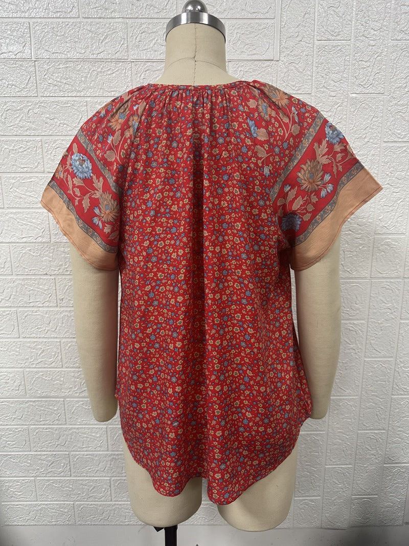 2025 Popular, , New women's clothing summer new casual celebrity style printing V-neck short-sleeved loose shirt