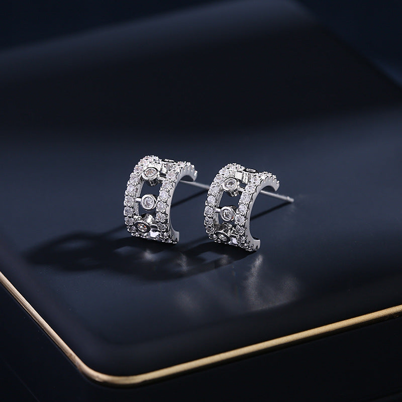 2025 Niche design high-end hollow ring clavicle chain zircon inlaid ring semi-round C-ring stud earrings jewelry set