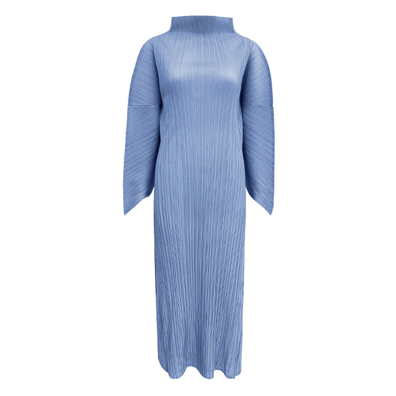 2025 spring temperament turtleneck folding sleeves solid color dress women's medium and long simple loose pleated A-shaped skirt