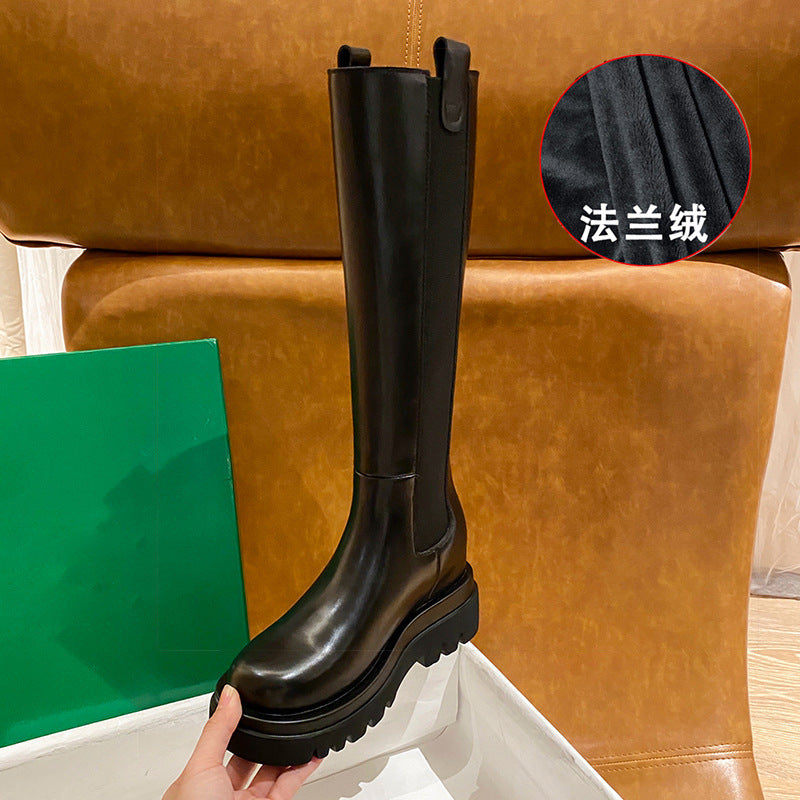 2025 Cowhide version~ New inner height-increasing chimney knight boots women's warm and velvet elastic thick-soled knee-length boots