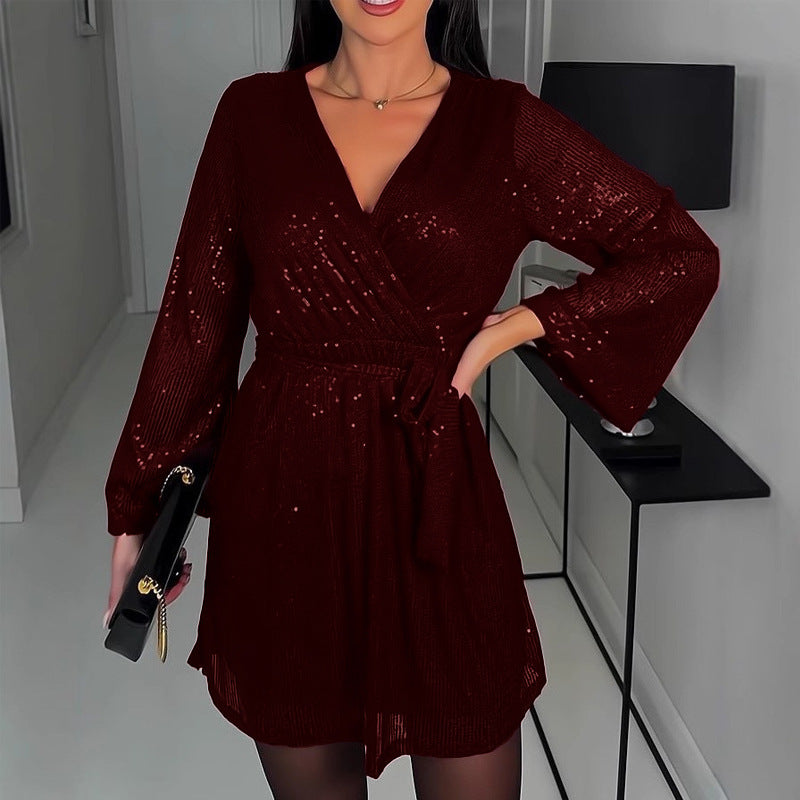 2025 Spring Clothing eBay New V-Neck Beaded Women's Dress Sequins Long Sleeve Dress Nightclub INS