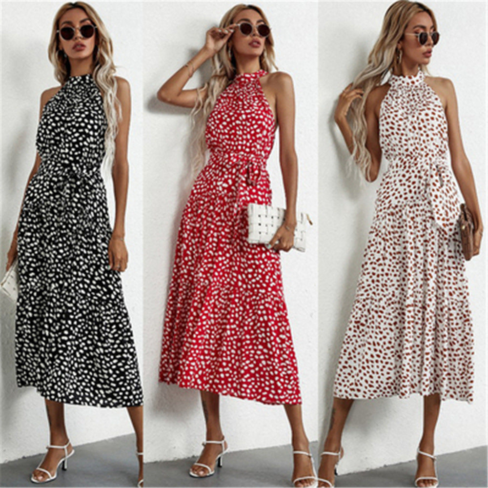 jinran 2024 fall fashion trends Spring and Summer New EBay Polka Dot Rayon Printed Halter Strap Waist-Tight Dress