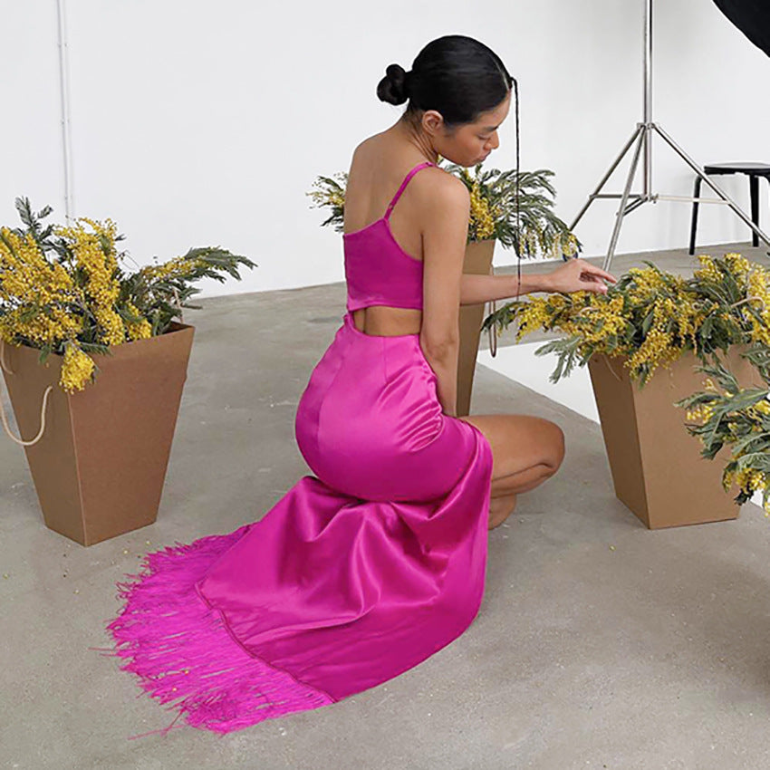 2025 summer new design dress asymmetrical niche tassel mopping floor long dress women