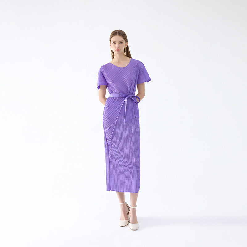 2025 spring new Miyake horn sleeve folding lace-up dress for women, thin solid color temperament personality medium and long dress for women