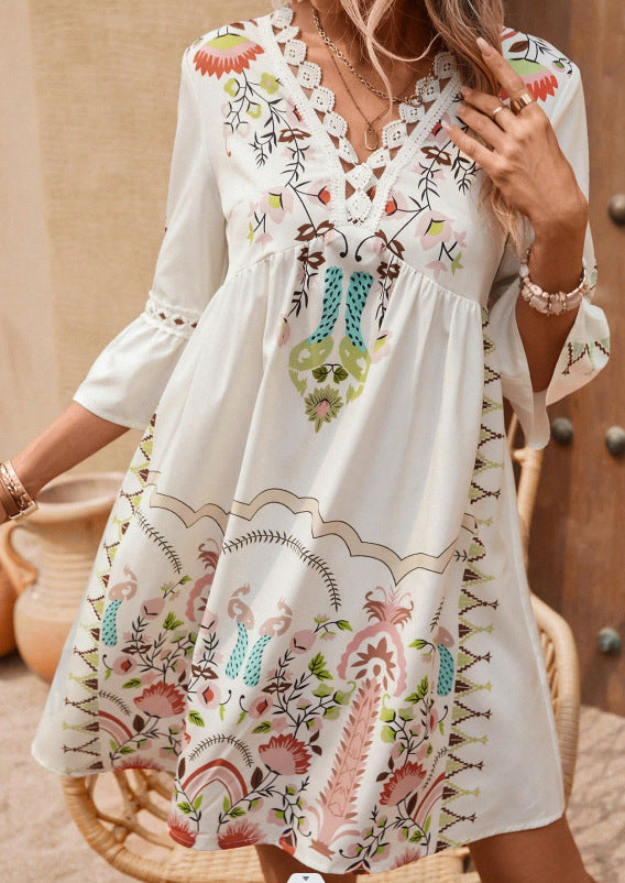 2025 Popular, , New women's clothing, summer new V-neck lace splicing casual versatile printed dress