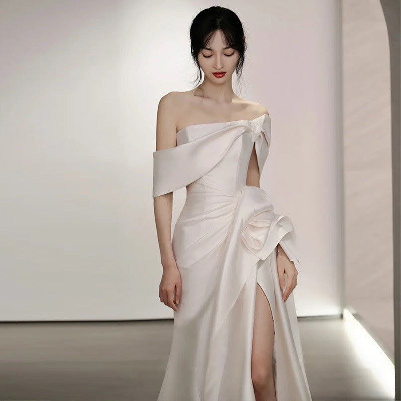 jinran off shoulder off-Shoulder Light Wedding Dress 2024 Summer New Bridal Satin French Simple Elegant Travel Tail Dress