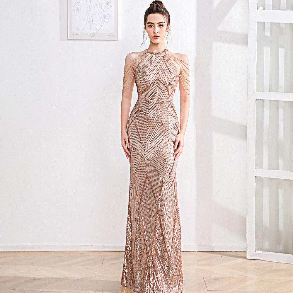 2025 High-end evening dress dress female fishtail champagne high-end texture celebrity fairy banquet temperament light luxury niche host