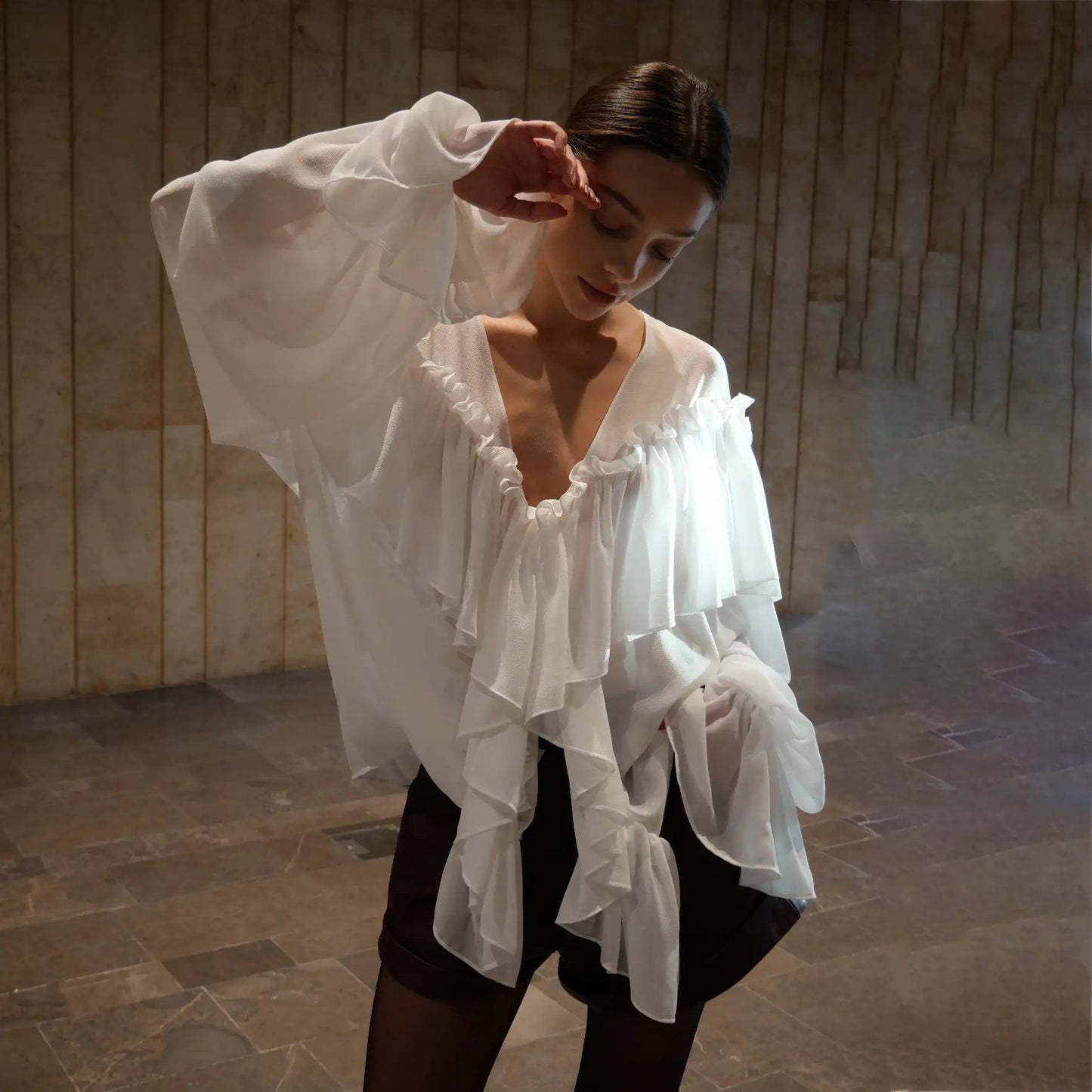 2025 Popular trade deep V-neck ruffle edge long-sleeved chiffon top femininity high-end new irregular chiffon shirt