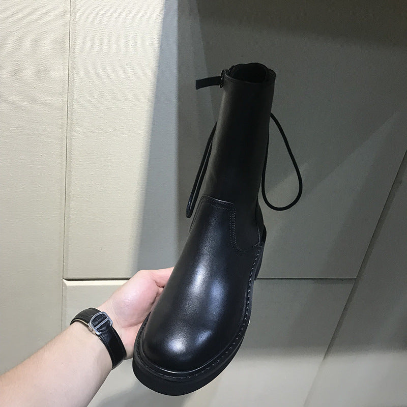2025 Cowhide version~ New handsome black locomotive boots British style mid-tube boots lace-up Martin boots thick-soled short boots