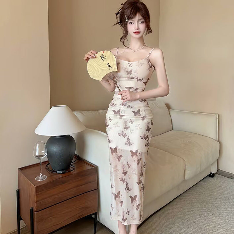 2025 summer new celebrity women's clothing sexy butterfly print off-the-shoulder suspender dress mesh slim dress