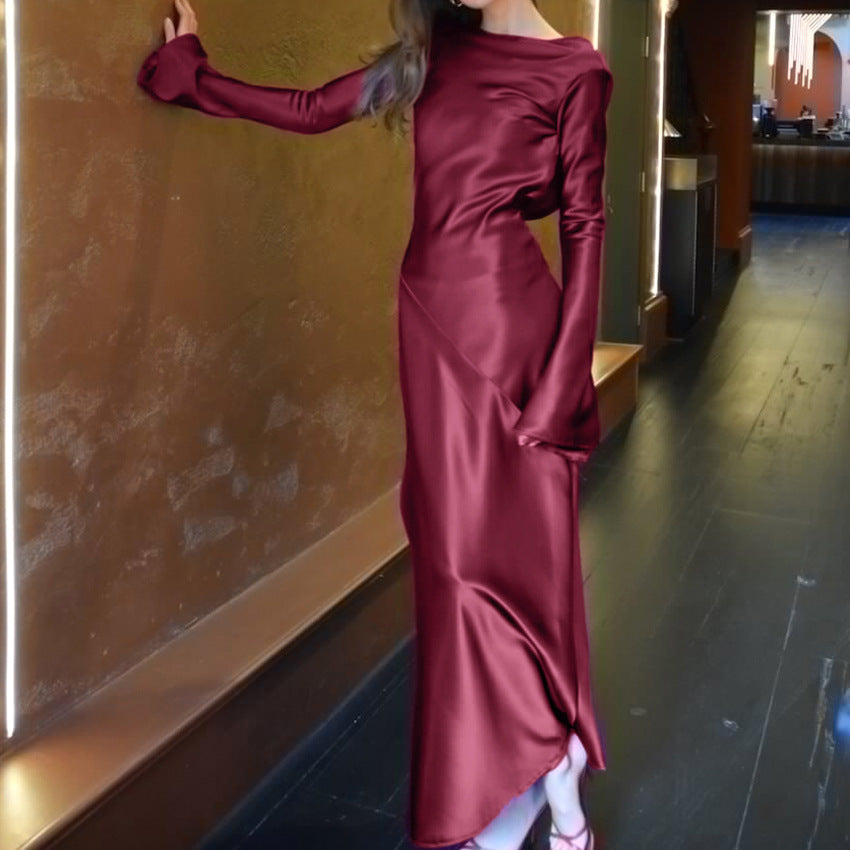 2025 Crew neck satin satin slim fit sexy split dress popular new spring fashion New wholesale women