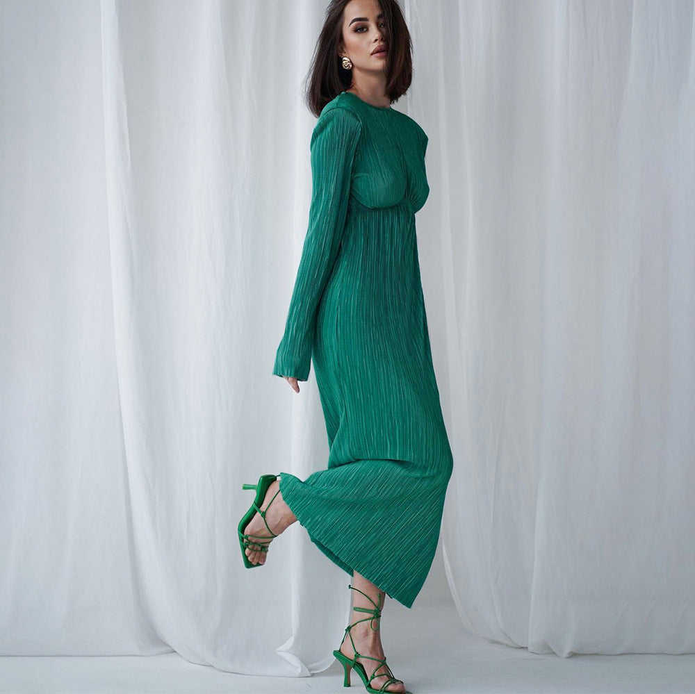 2025 spring long dress round neck hollow sexy temperament dress backless slim long sleeve pleated dress women