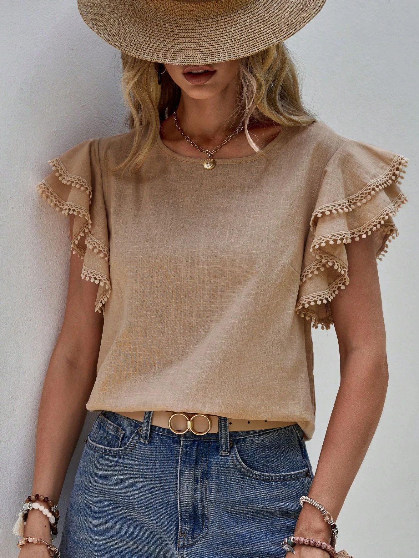 2025 Women's Casual Crew Neck Summer Loose Shirt Lotus Leaf Batman Short Sleeve Top Women