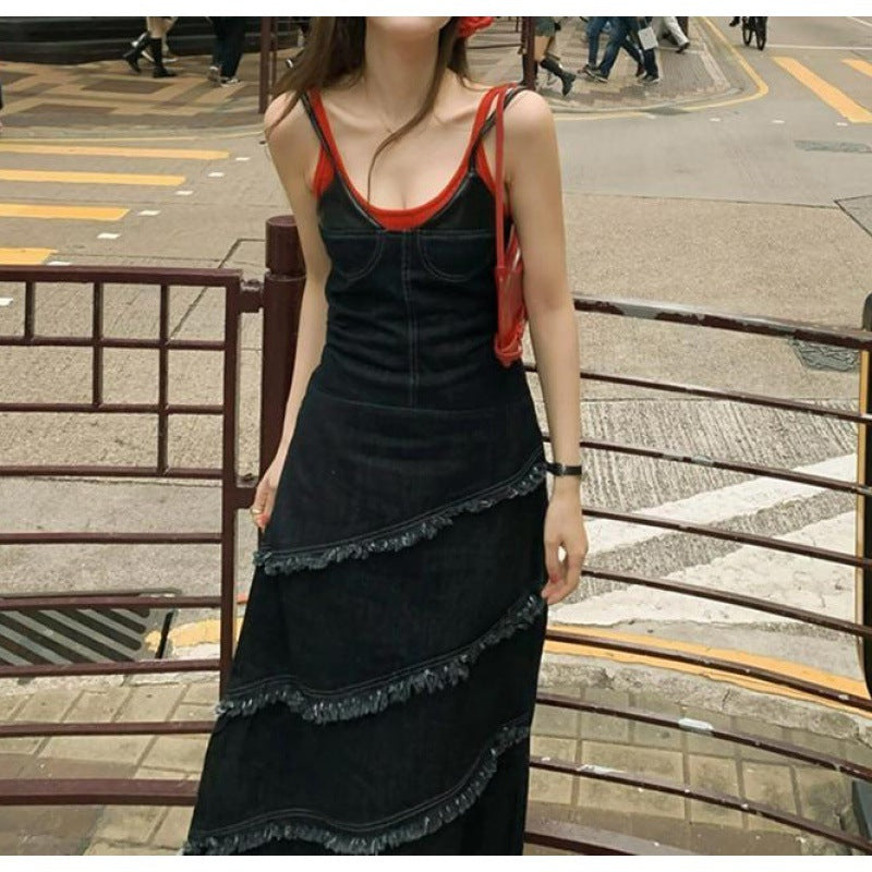 jinran fall 2024 fashion trends French Fashion Vintage Washed Distressed Denim Sling Dress Summer Sweet Hot Girl Frayed Irregular Dress for Women