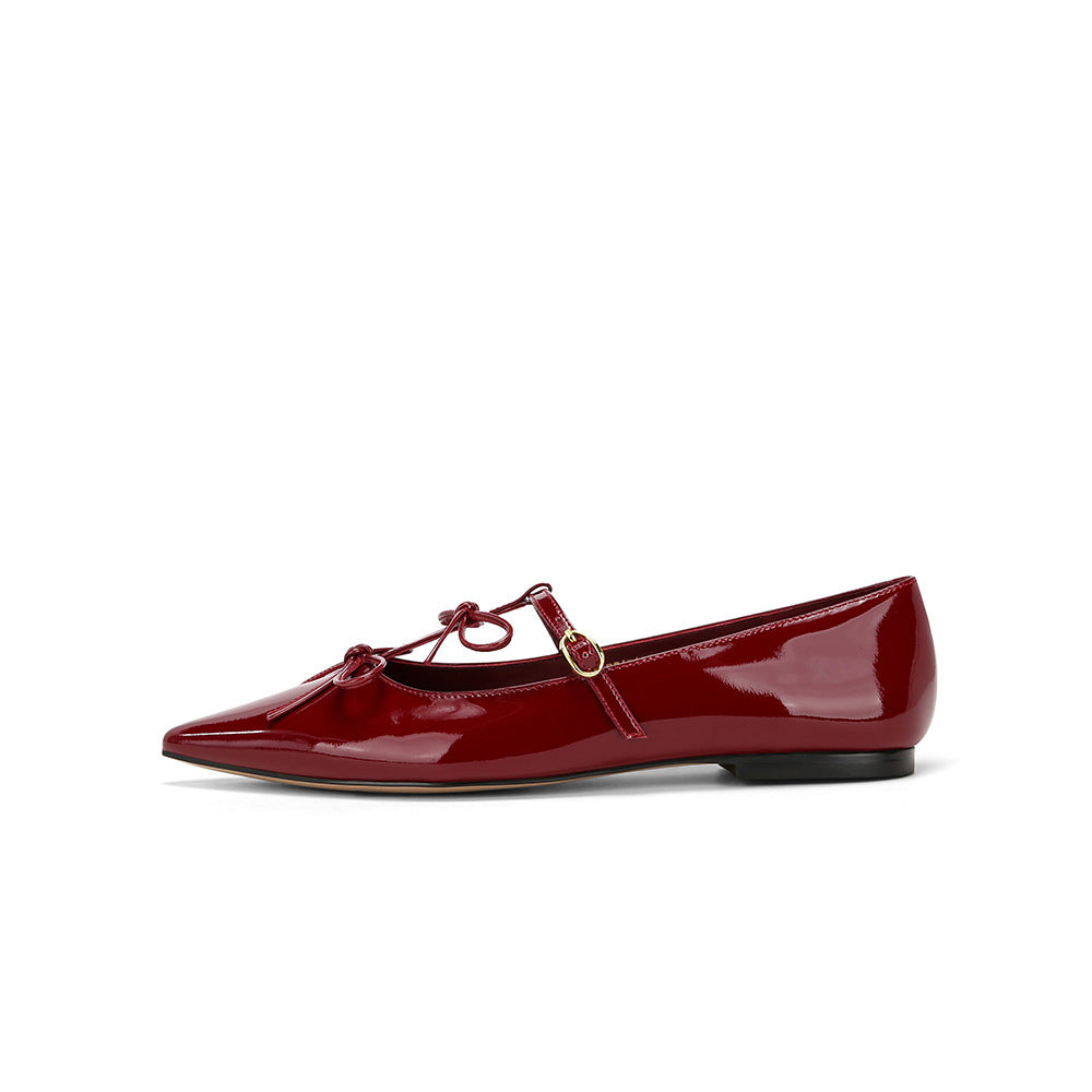 2025 Cowhide version~ Su Yinyin has the same niche pointed T-shaped double bow retro single shoes women's Mary Jane shoes
