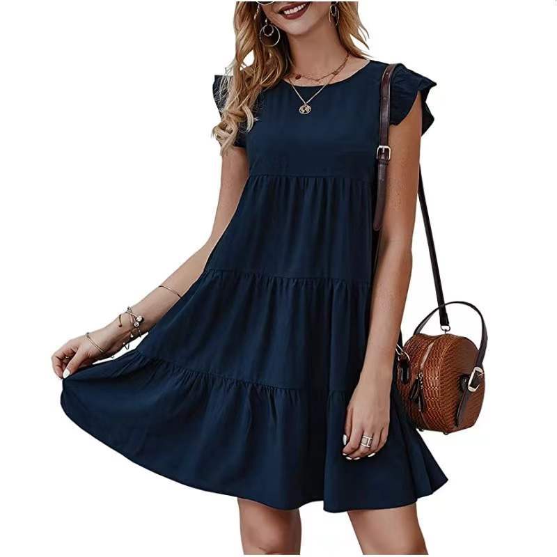 2025 Popular, , summer new solid color round neck short-sleeved dress casual cake skirt pleated pendulum skirt