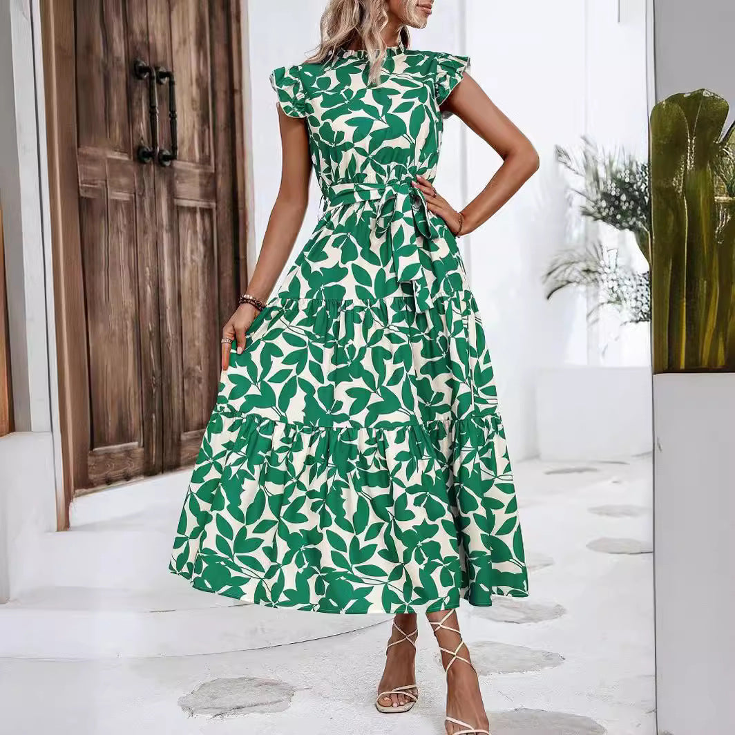 2025 Popular, , New women's clothing summer new fashion fungus edge flying sleeves lace-up printed fairy skirt