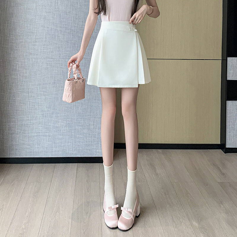 2025 Casual skirt women's spring and summer new Chinese style pleated skirt A word short skirt retro belly cover hip skirt