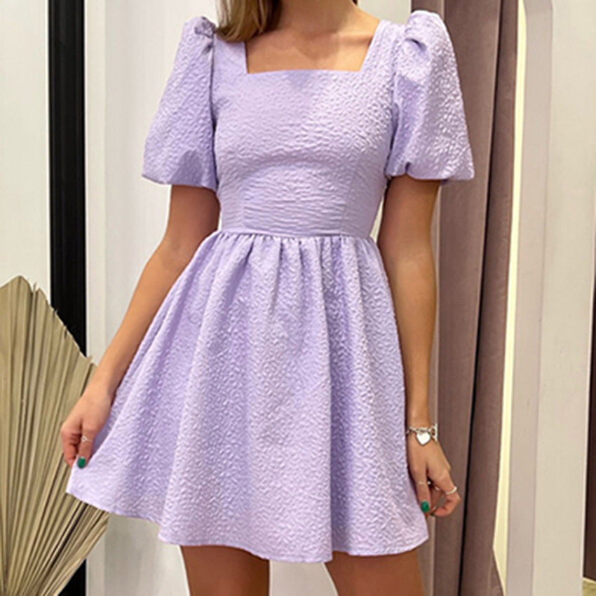 2025 summer new fashion square neck bubble sleeve short skirt design sense temperament jacquard dress women